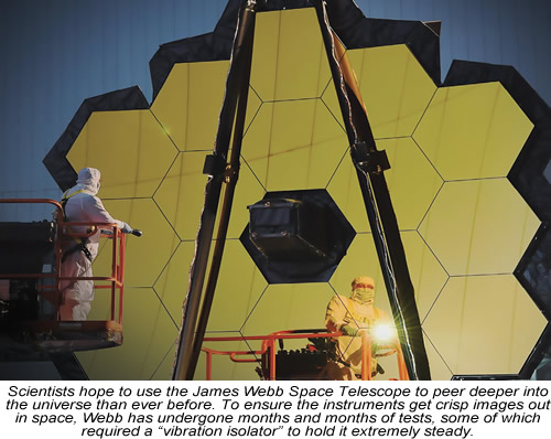 
Scientists hope to use the James Webb Space Telescope to peer deeper into the universe than ever before. To ensure the instruments get crisp images out in space, Webb has undergone months and months of tests, some of which required a “vibration isolator” to hold it extremely steady.